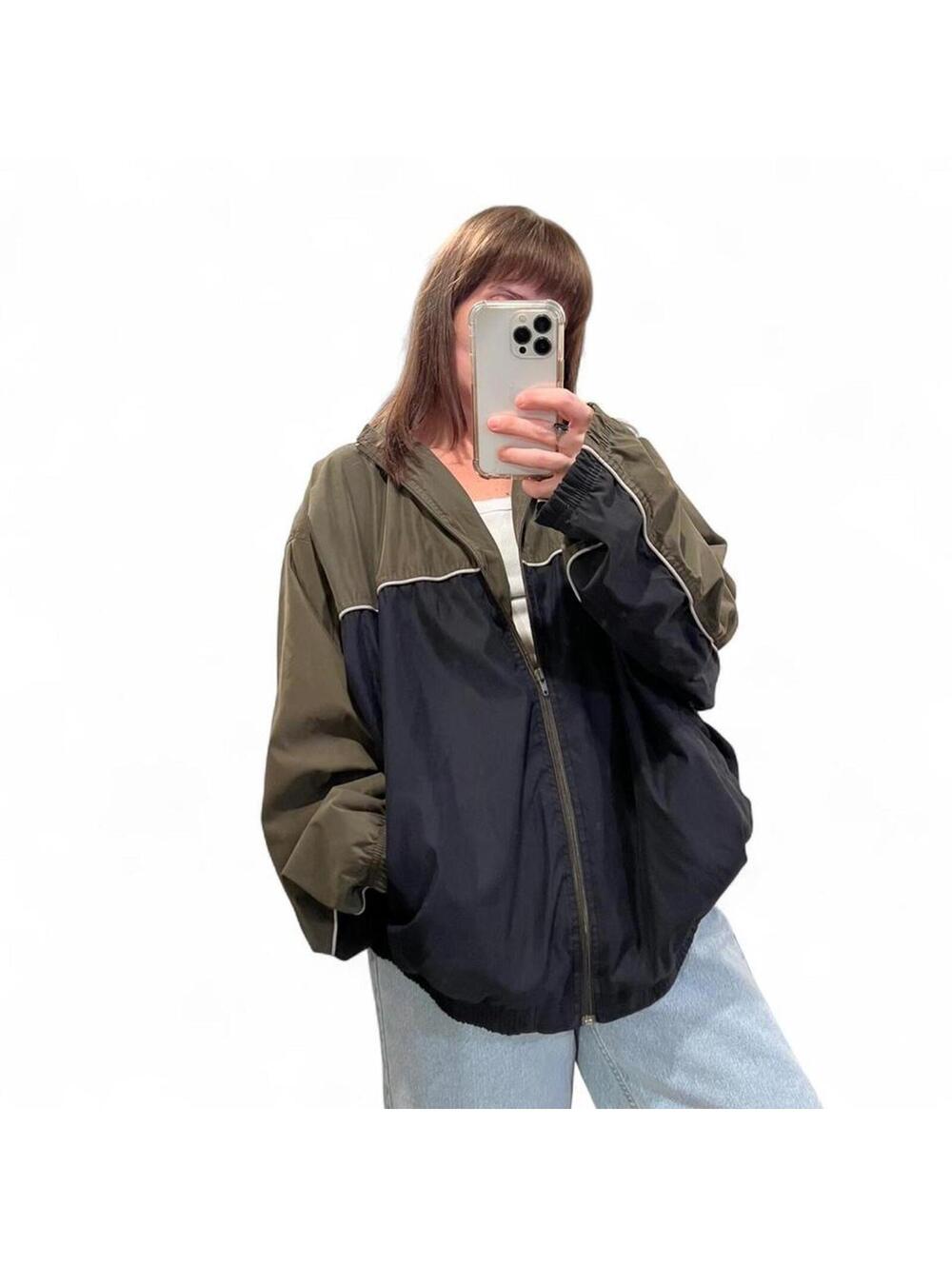 Vintage 90s Colorblock Windbreaker Jacket Oversized Olive Black